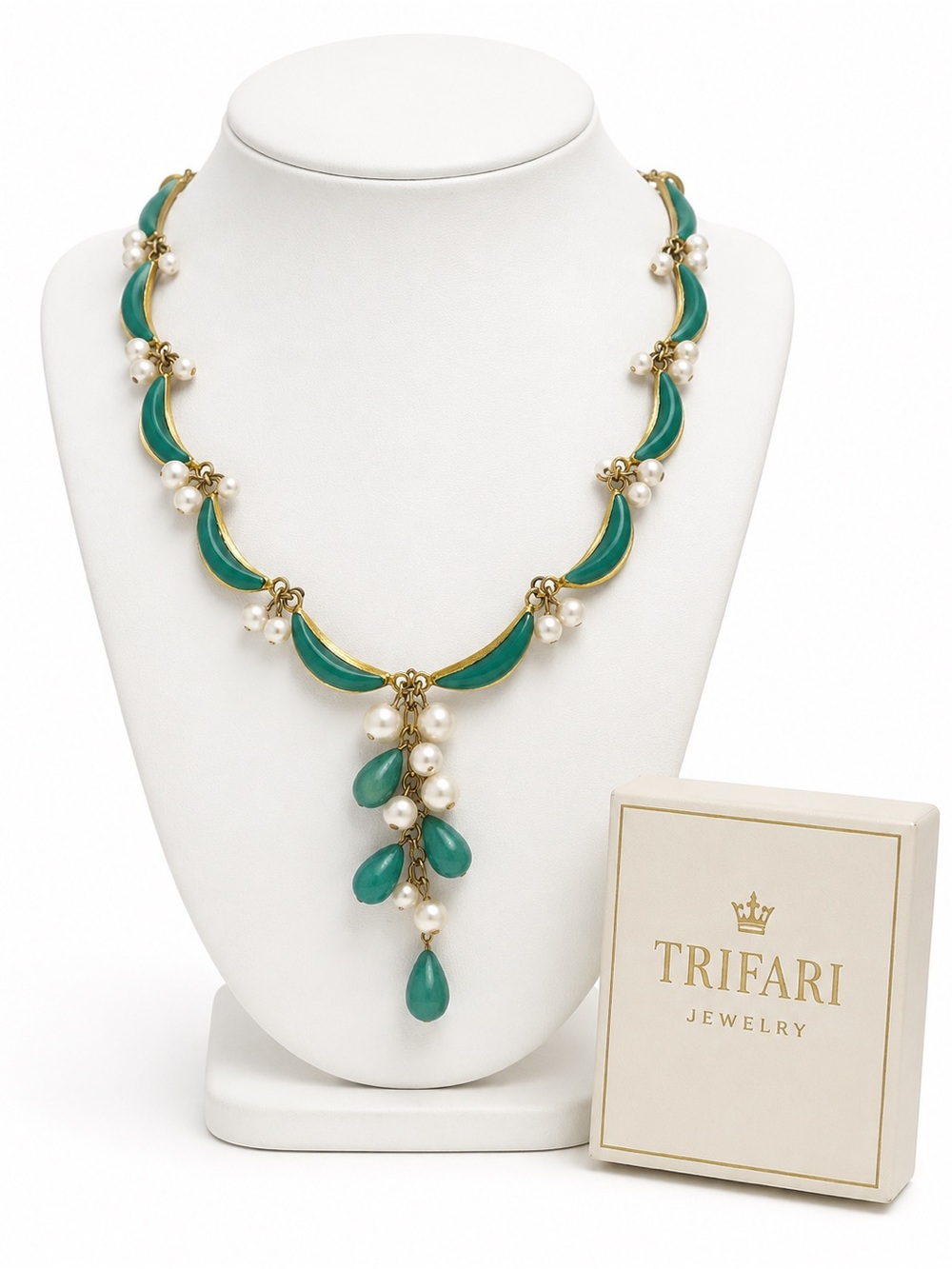 Trifari Gold-Tone & Teal Vintage Pearl Drop Bohemian Retro Necklace